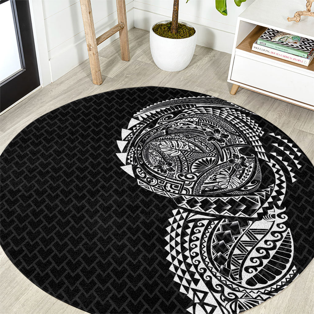 Hawaiian Traditional Tattoos Round Carpet Kakau Tribal Tropical Plant Motif Black Color