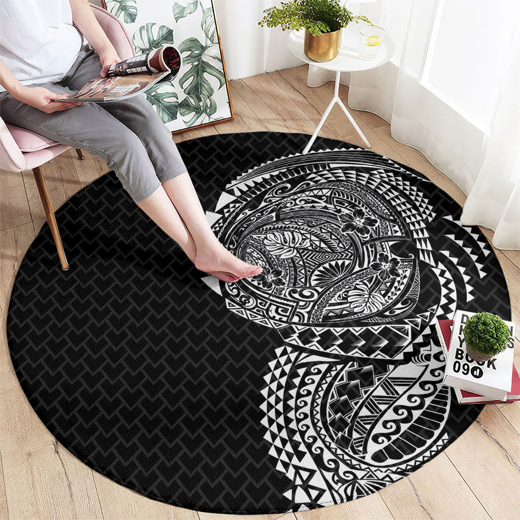Hawaiian Traditional Tattoos Round Carpet Kakau Tribal Tropical Plant Motif Black Color