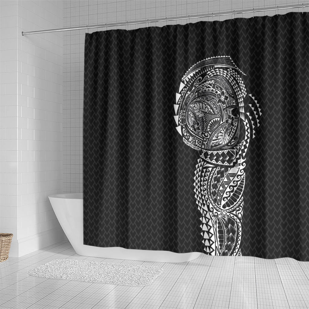 Hawaiian Traditional Tattoos Shower Curtain Kakau Tribal Tropical Plant Motif Black Color