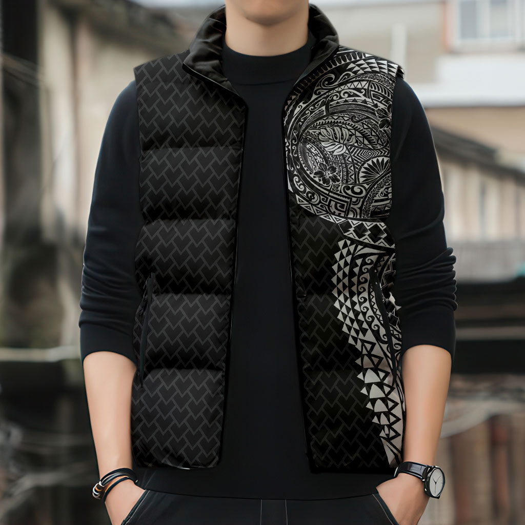 Hawaiian Traditional Tattoos Sleeveless Puffer Jacket Kakau Tribal Tropical Plant Motif Black Color