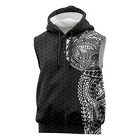 Hawaiian Traditional Tattoos Sleeveless Zip Hoodie Kakau Tribal Tropical Plant Motif Black Color