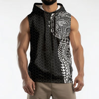 Hawaiian Traditional Tattoos Sleeveless Zip Hoodie Kakau Tribal Tropical Plant Motif Black Color