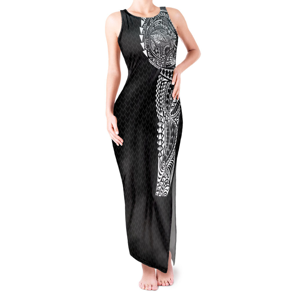 Hawaiian Traditional Tattoos Tank Maxi Dress Kakau Tribal Tropical Plant Motif Black Color