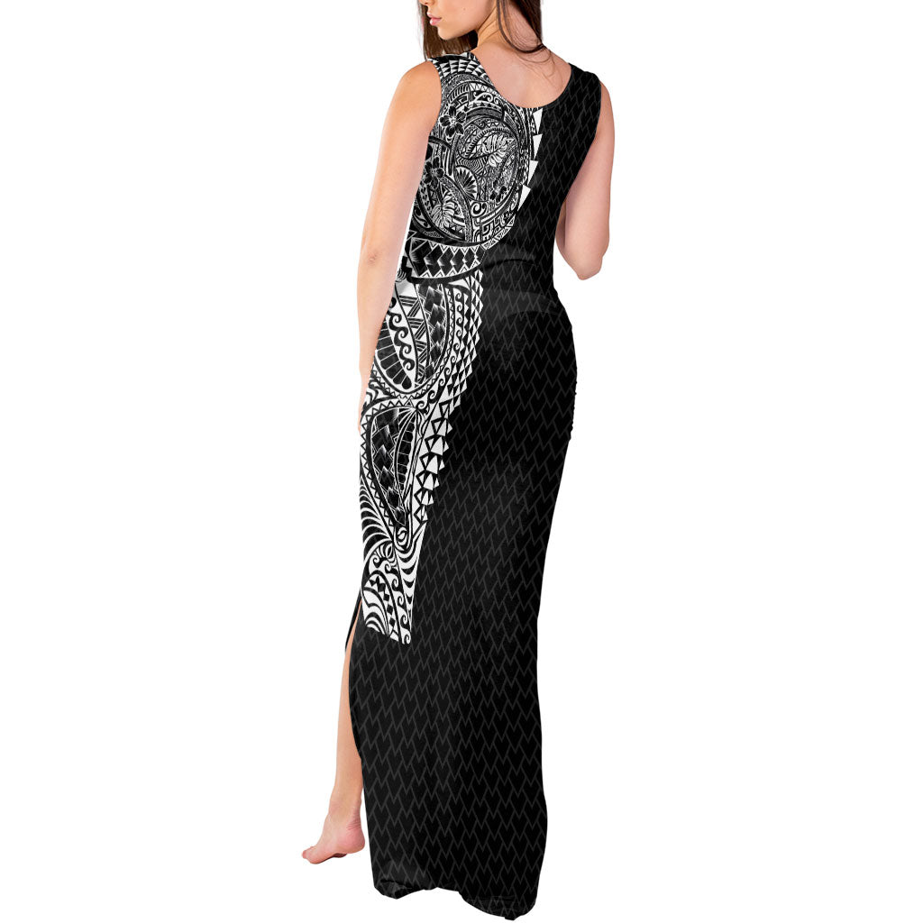 Hawaiian Traditional Tattoos Tank Maxi Dress Kakau Tribal Tropical Plant Motif Black Color
