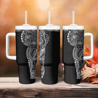 Hawaiian Traditional Tattoos Tumbler With Handle Kakau Tribal Tropical Plant Motif Black Color