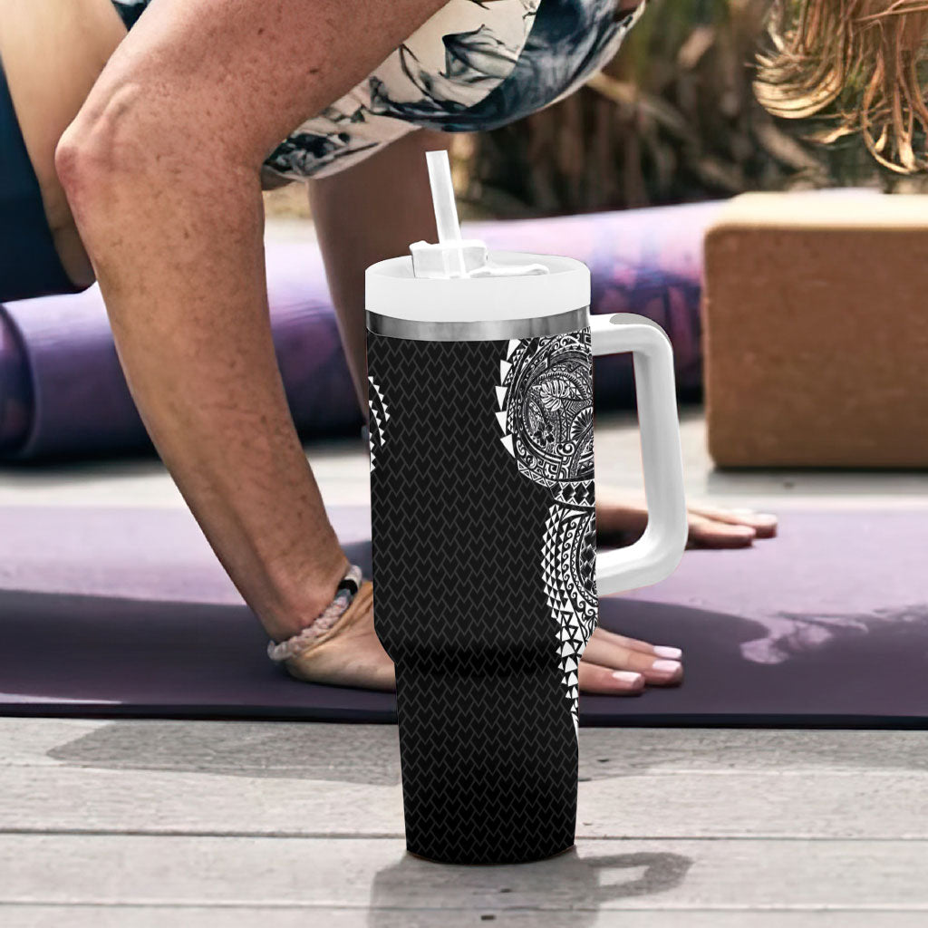 Hawaiian Traditional Tattoos Tumbler With Handle Kakau Tribal Tropical Plant Motif Black Color
