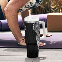 Hawaiian Traditional Tattoos Tumbler With Handle Kakau Tribal Tropical Plant Motif Black Color