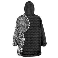 Hawaiian Traditional Tattoos Wearable Blanket Hoodie Kakau Tribal Tropical Plant Motif Black Color