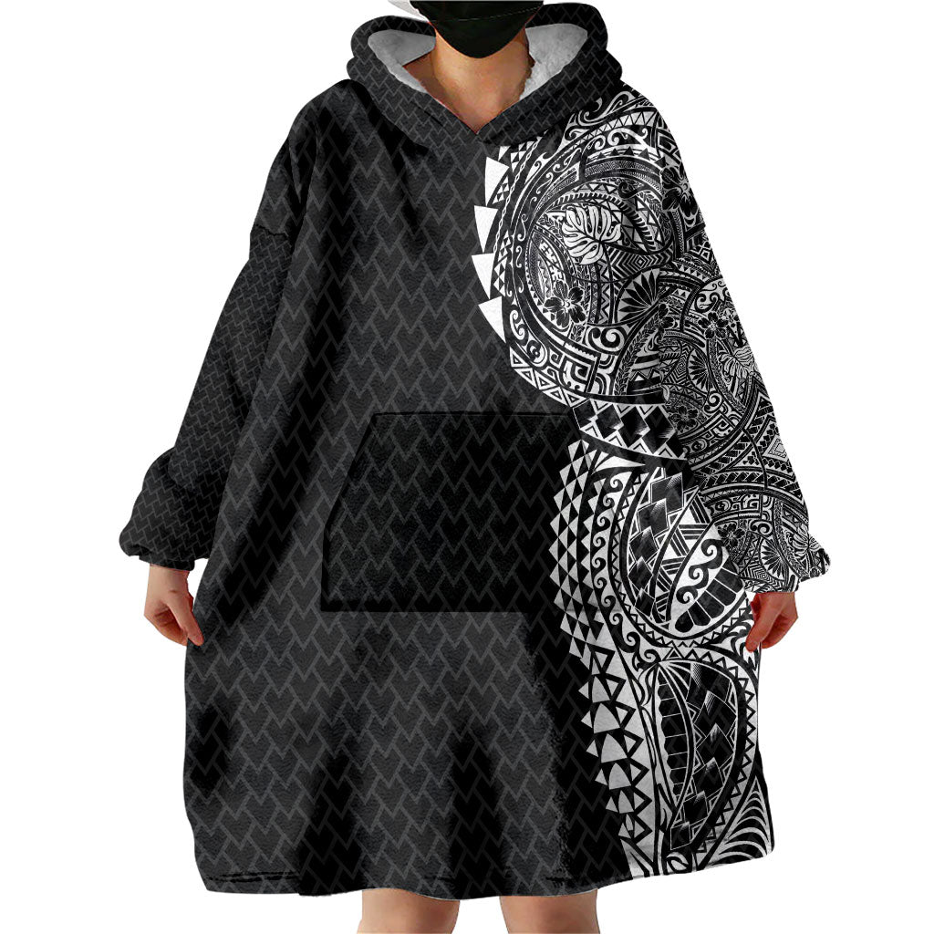 Hawaiian Traditional Tattoos Wearable Blanket Hoodie Kakau Tribal Tropical Plant Motif Black Color