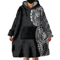 Hawaiian Traditional Tattoos Wearable Blanket Hoodie Kakau Tribal Tropical Plant Motif Black Color