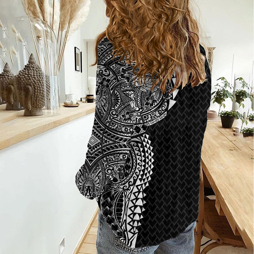 Hawaiian Traditional Tattoos Women Casual Shirt Kakau Tribal Tropical Plant Motif Black Color