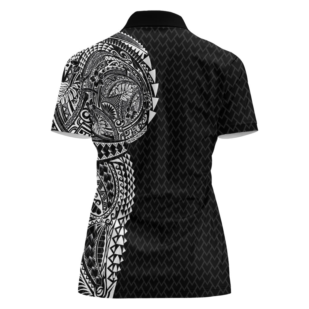 Hawaiian Traditional Tattoos Women Polo Shirt Kakau Tribal Tropical Plant Motif Black Color