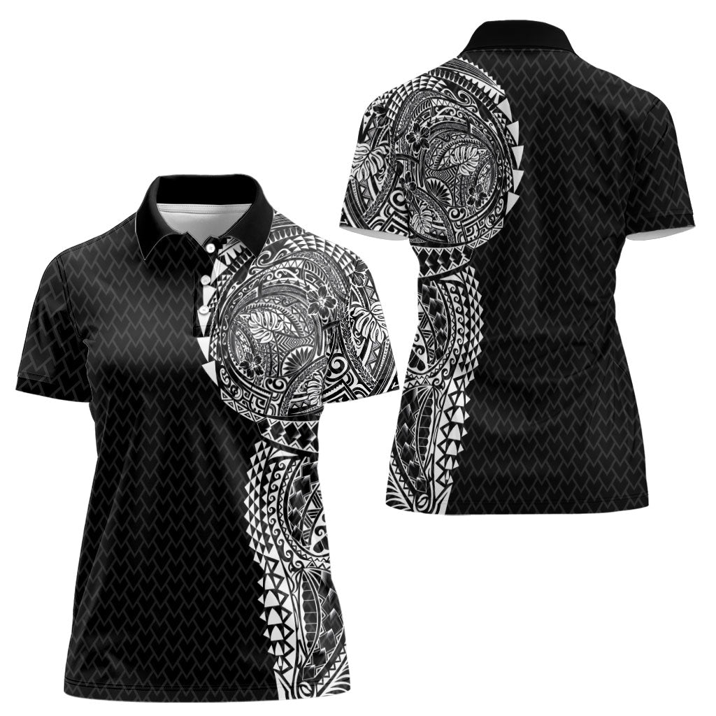 Hawaiian Traditional Tattoos Women Polo Shirt Kakau Tribal Tropical Plant Motif Black Color