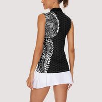 Hawaiian Traditional Tattoos Women Sleeveless Polo Shirt Kakau Tribal Tropical Plant Motif Black Color