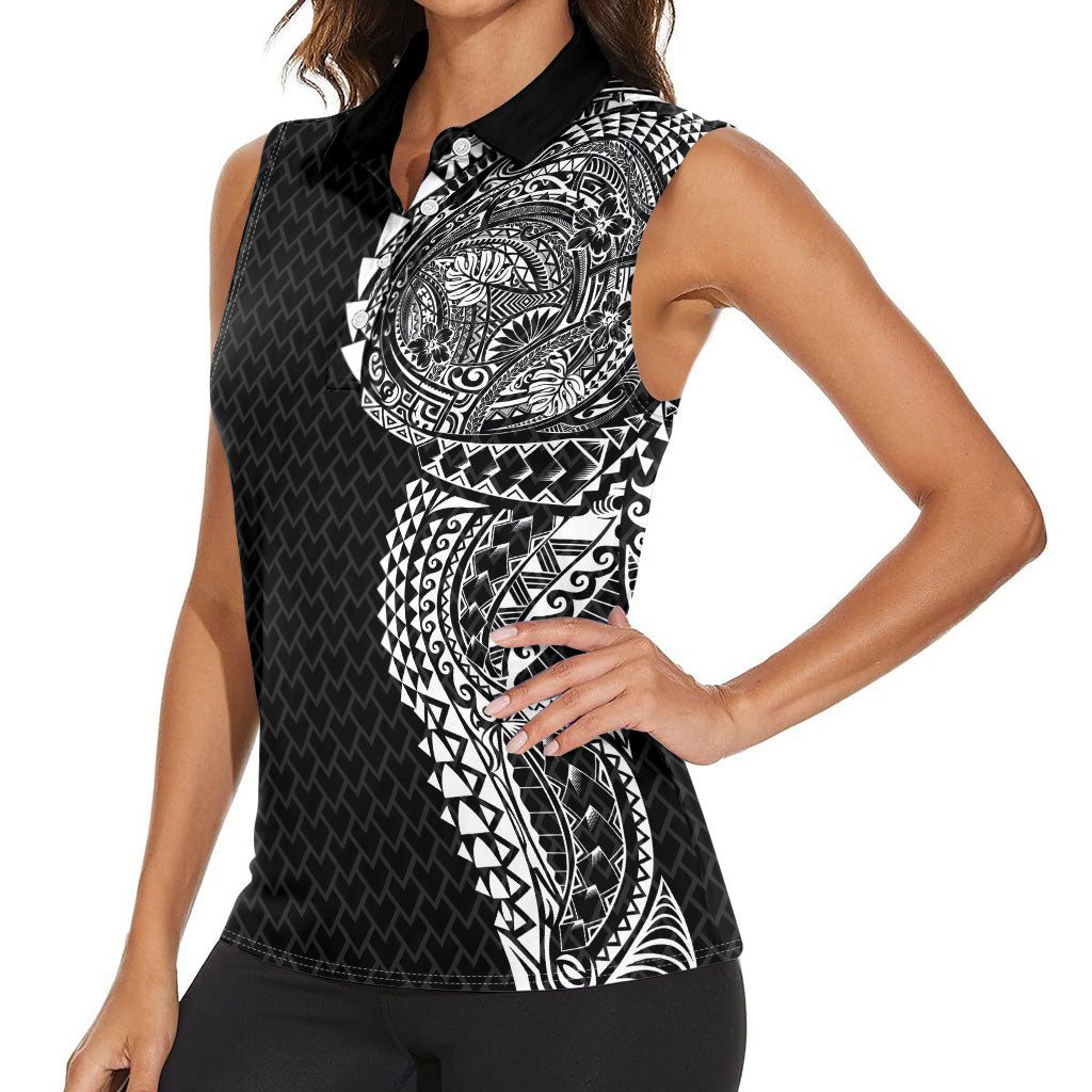 Hawaiian Traditional Tattoos Women Sleeveless Polo Shirt Kakau Tribal Tropical Plant Motif Black Color