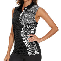 Hawaiian Traditional Tattoos Women Sleeveless Polo Shirt Kakau Tribal Tropical Plant Motif Black Color