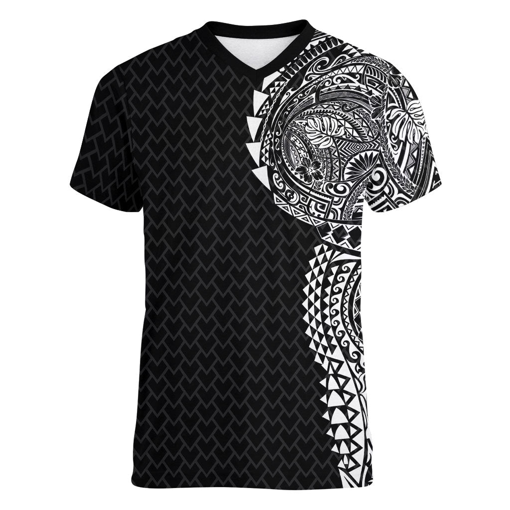 Hawaiian Traditional Tattoos Women V-Neck T-Shirt Kakau Tribal Tropical Plant Motif Black Color