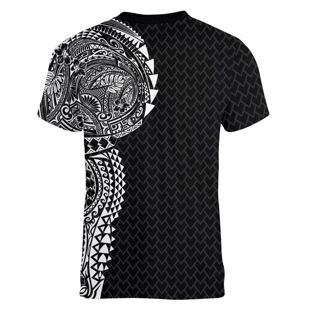 Hawaiian Traditional Tattoos Women V-Neck T-Shirt Kakau Tribal Tropical Plant Motif Black Color