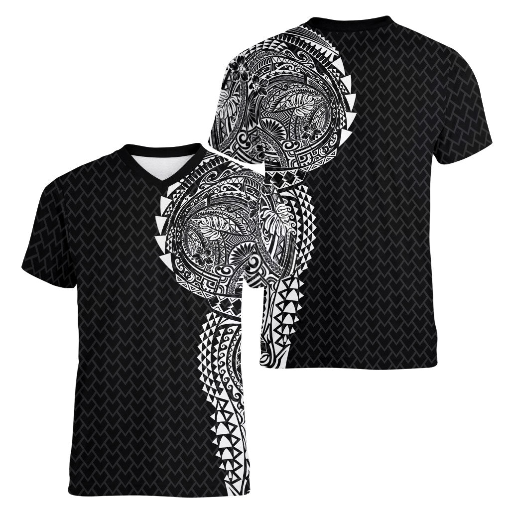 Hawaiian Traditional Tattoos Women V-Neck T-Shirt Kakau Tribal Tropical Plant Motif Black Color