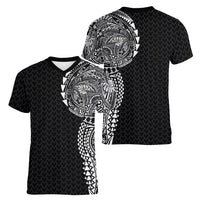 Hawaiian Traditional Tattoos Women V-Neck T-Shirt Kakau Tribal Tropical Plant Motif Black Color