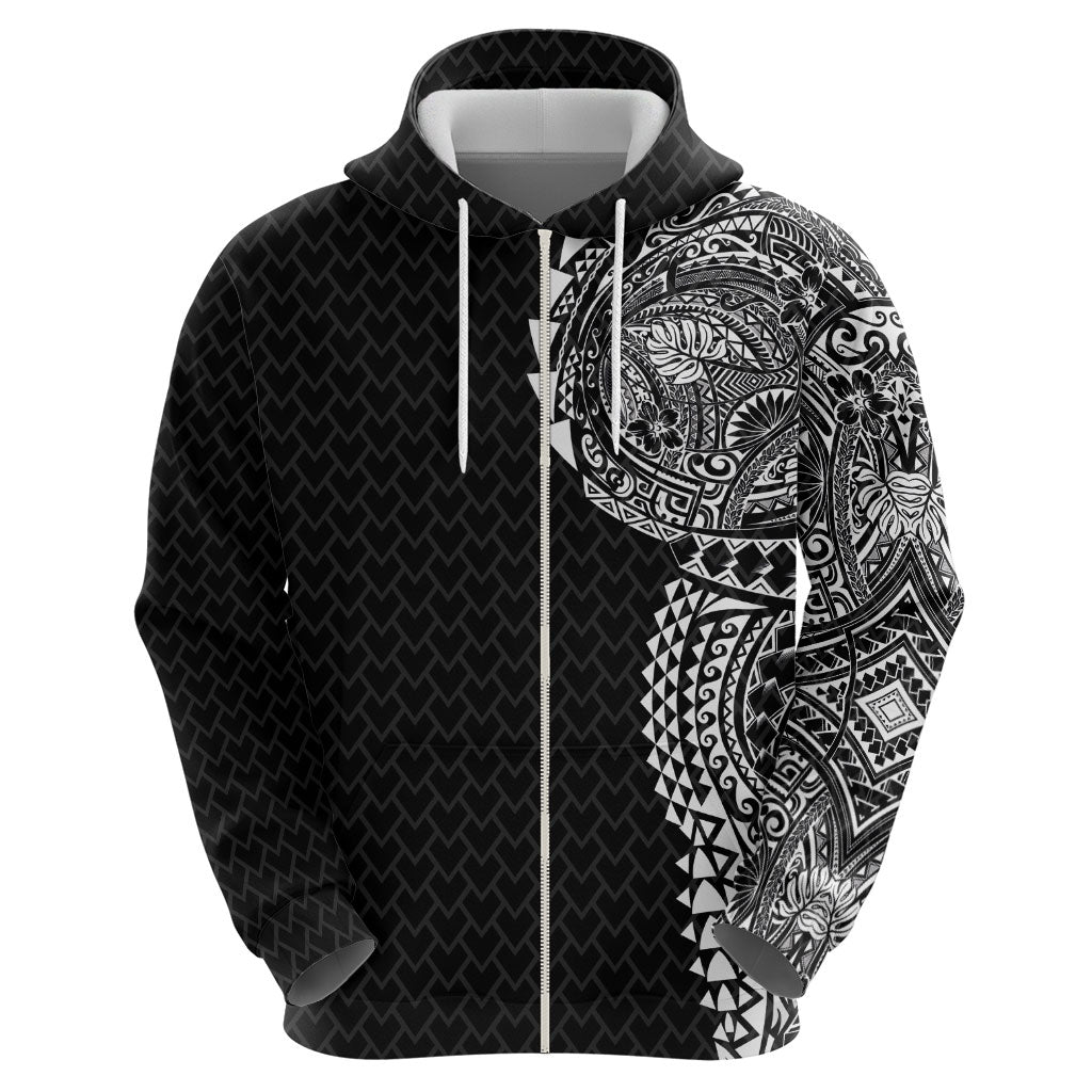 Hawaiian Traditional Tattoos Zip Hoodie Kakau Tribal Tropical Plant Motif Black Color