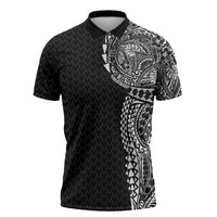 Hawaiian Traditional Tattoos Zipper Polo Shirt Kakau Tribal Tropical Plant Motif Black Color