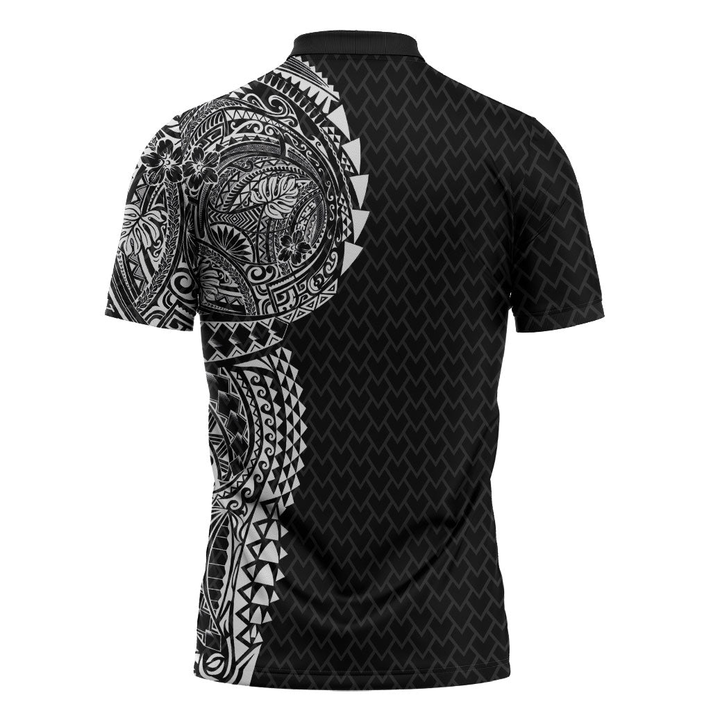 Hawaiian Traditional Tattoos Zipper Polo Shirt Kakau Tribal Tropical Plant Motif Black Color