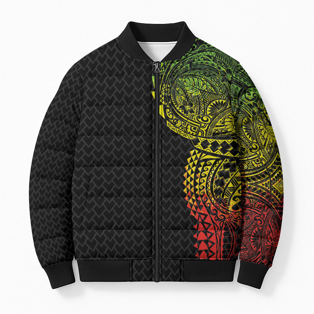 Hawaiian Traditional Tattoos Bomber Puffer Jacket Kakau Tribal Tropical Plant Motif Kanaka Maoli Flag Color Inspired