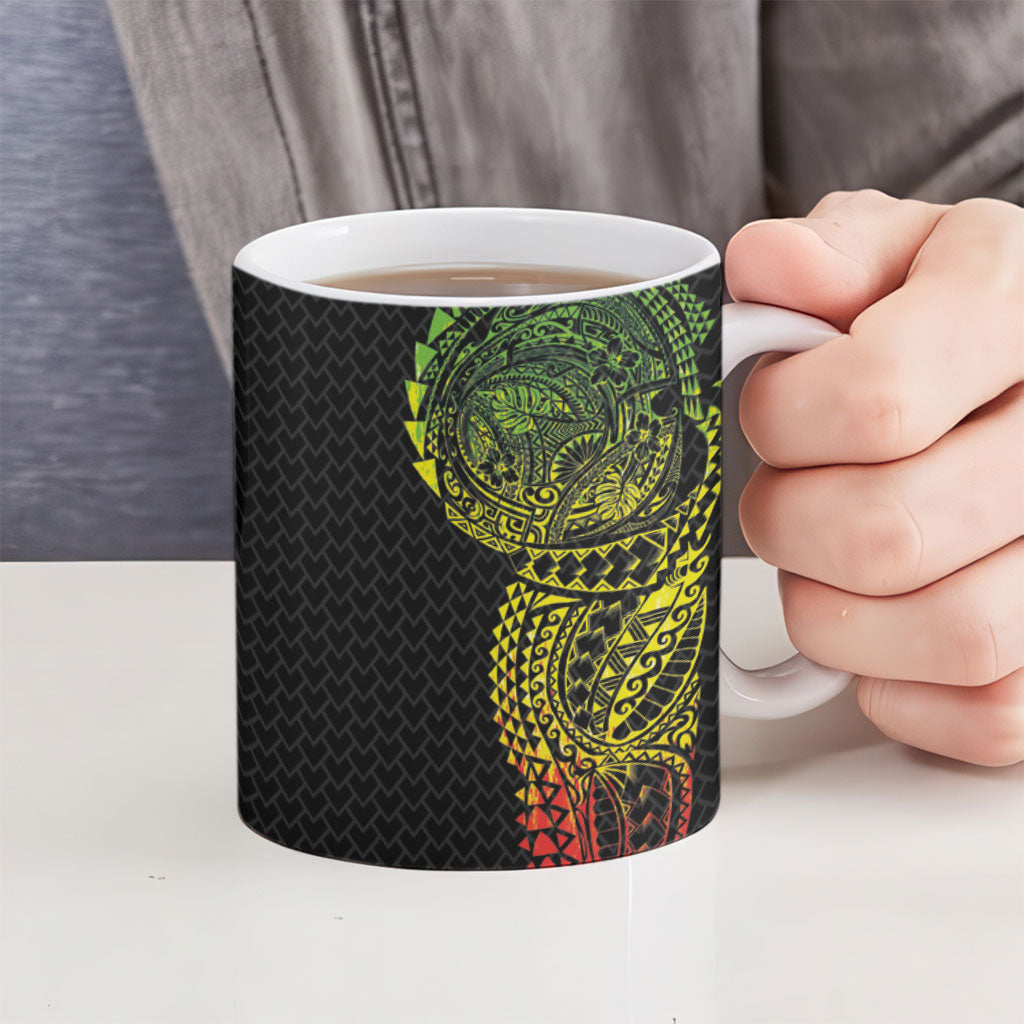 Hawaiian Traditional Tattoos Ceramic Mug Kakau Tribal Tropical Plant Motif Kanaka Maoli Flag Color Inspired