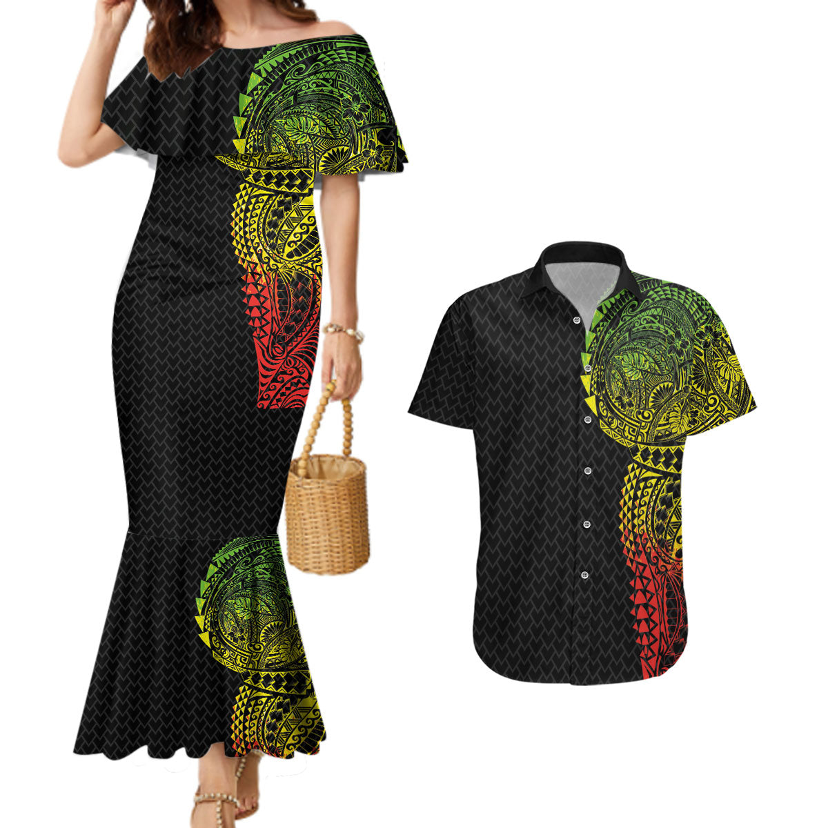 Hawaiian Traditional Tattoos Couples Matching Mermaid Dress and Hawaiian Shirt Kakau Tribal Tropical Plant Motif Kanaka Maoli Flag Color Inspired