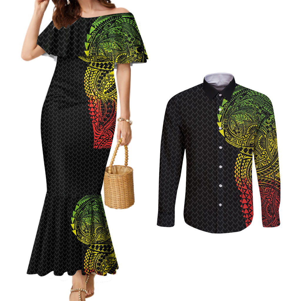 Hawaiian Traditional Tattoos Couples Matching Mermaid Dress and Long Sleeve Button Shirt Kakau Tribal Tropical Plant Motif Kanaka Maoli Flag Color Inspired