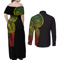 Hawaiian Traditional Tattoos Couples Matching Off Shoulder Maxi Dress and Long Sleeve Button Shirt Kakau Tribal Tropical Plant Motif Kanaka Maoli Flag Color Inspired