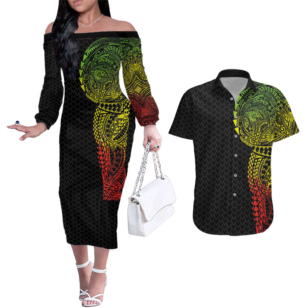 Hawaiian Traditional Tattoos Couples Matching Off The Shoulder Long Sleeve Dress and Hawaiian Shirt Kakau Tribal Tropical Plant Motif Kanaka Maoli Flag Color Inspired