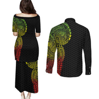 Hawaiian Traditional Tattoos Couples Matching Puletasi and Long Sleeve Button Shirt Kakau Tribal Tropical Plant Motif Kanaka Maoli Flag Color Inspired