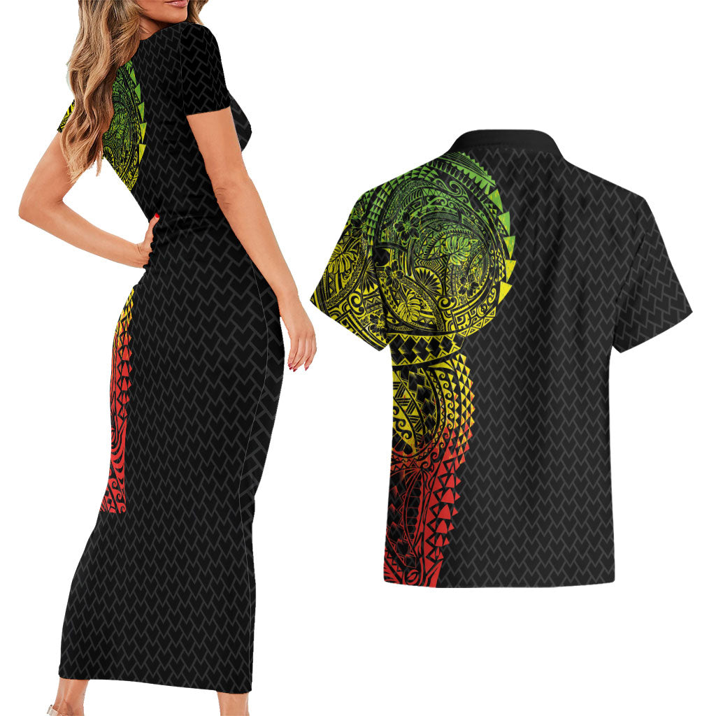 Hawaiian Traditional Tattoos Couples Matching Short Sleeve Bodycon Dress and Hawaiian Shirt Kakau Tribal Tropical Plant Motif Kanaka Maoli Flag Color Inspired