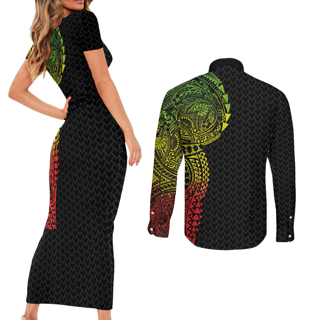 Hawaiian Traditional Tattoos Couples Matching Short Sleeve Bodycon Dress and Long Sleeve Button Shirt Kakau Tribal Tropical Plant Motif Kanaka Maoli Flag Color Inspired