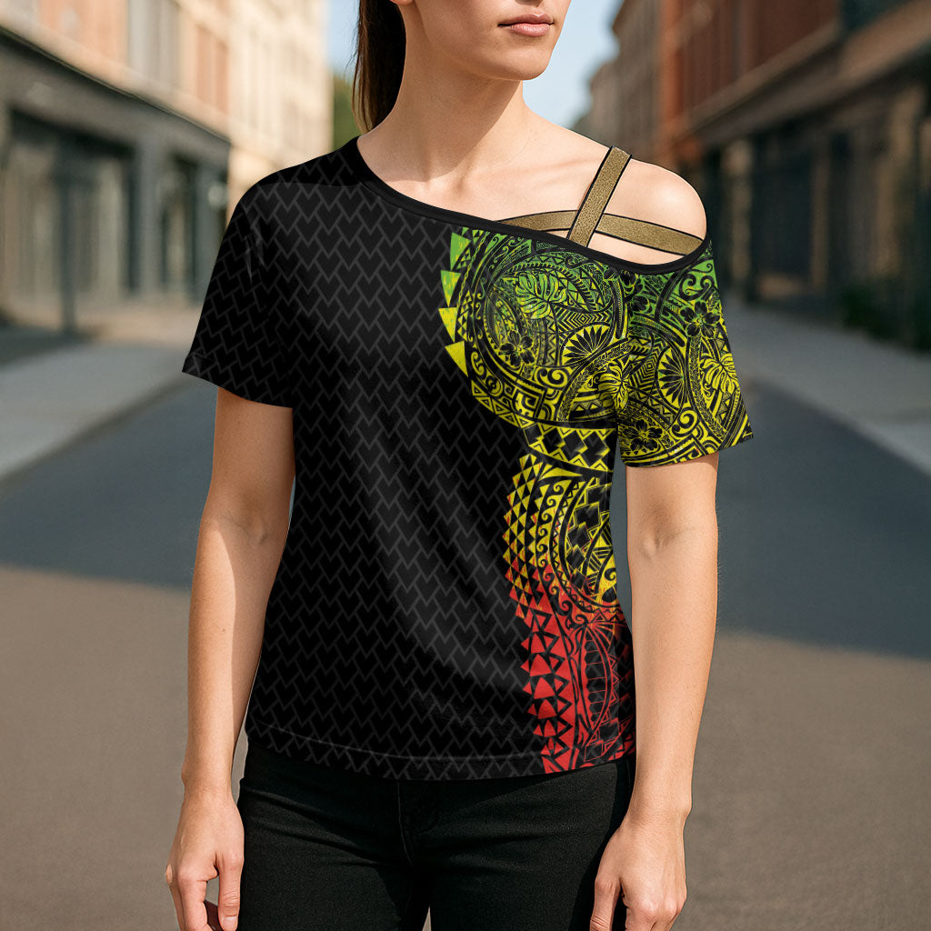 Hawaiian Traditional Tattoos Cross Shoulder Shirt Kakau Tribal Tropical Plant Motif Kanaka Maoli Flag Color Inspired
