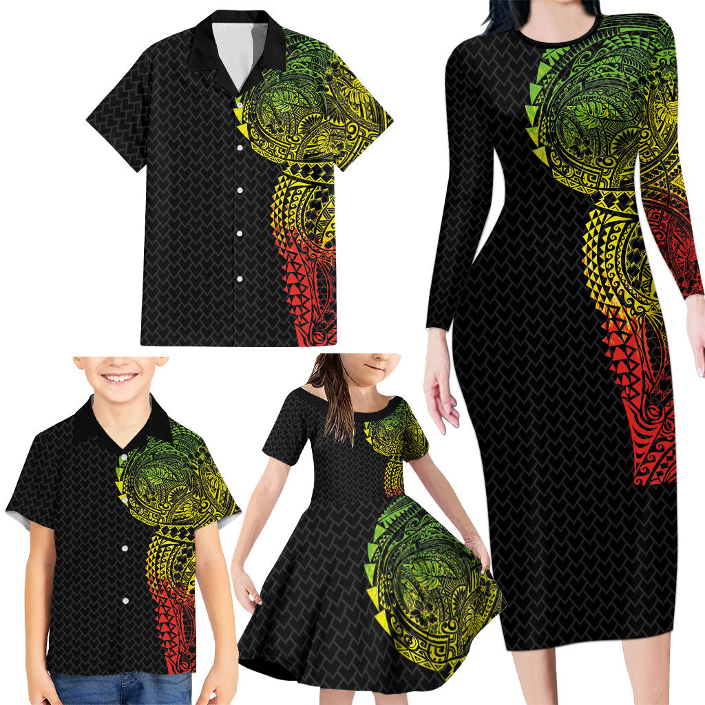 Hawaiian Traditional Tattoos Family Matching Long Sleeve Bodycon Dress and Hawaiian Shirt Kakau Tribal Tropical Plant Motif Kanaka Maoli Flag Color Inspired