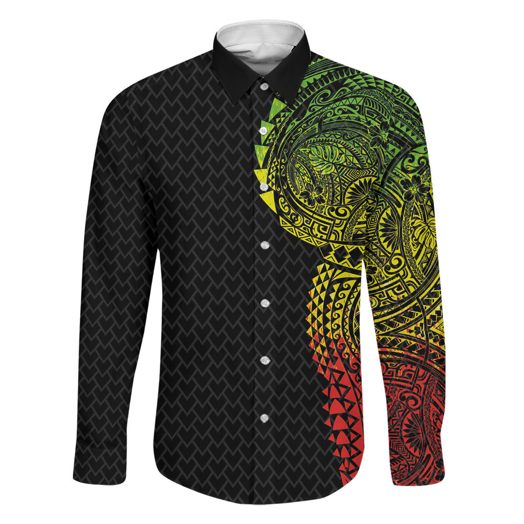 Hawaiian Traditional Tattoos Family Matching Long Sleeve Bodycon Dress and Hawaiian Shirt Kakau Tribal Tropical Plant Motif Kanaka Maoli Flag Color Inspired