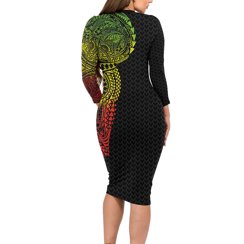 Hawaiian Traditional Tattoos Family Matching Long Sleeve Bodycon Dress and Hawaiian Shirt Kakau Tribal Tropical Plant Motif Kanaka Maoli Flag Color Inspired