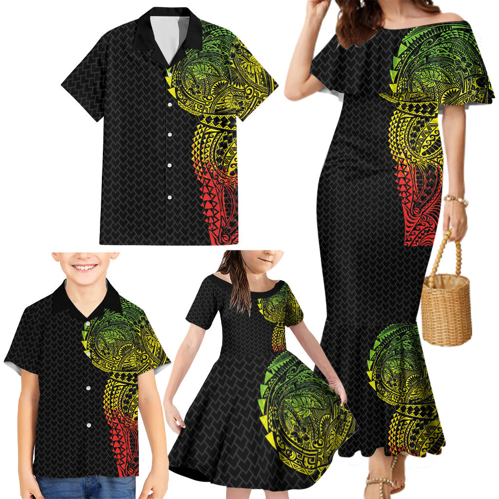 Hawaiian Traditional Tattoos Family Matching Mermaid Dress and Hawaiian Shirt Kakau Tribal Tropical Plant Motif Kanaka Maoli Flag Color Inspired