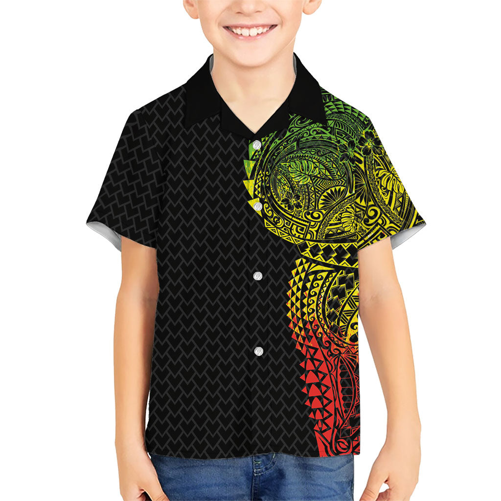 Hawaiian Traditional Tattoos Family Matching Off The Shoulder Long Sleeve Dress and Hawaiian Shirt Kakau Tribal Tropical Plant Motif Kanaka Maoli Flag Color Inspired