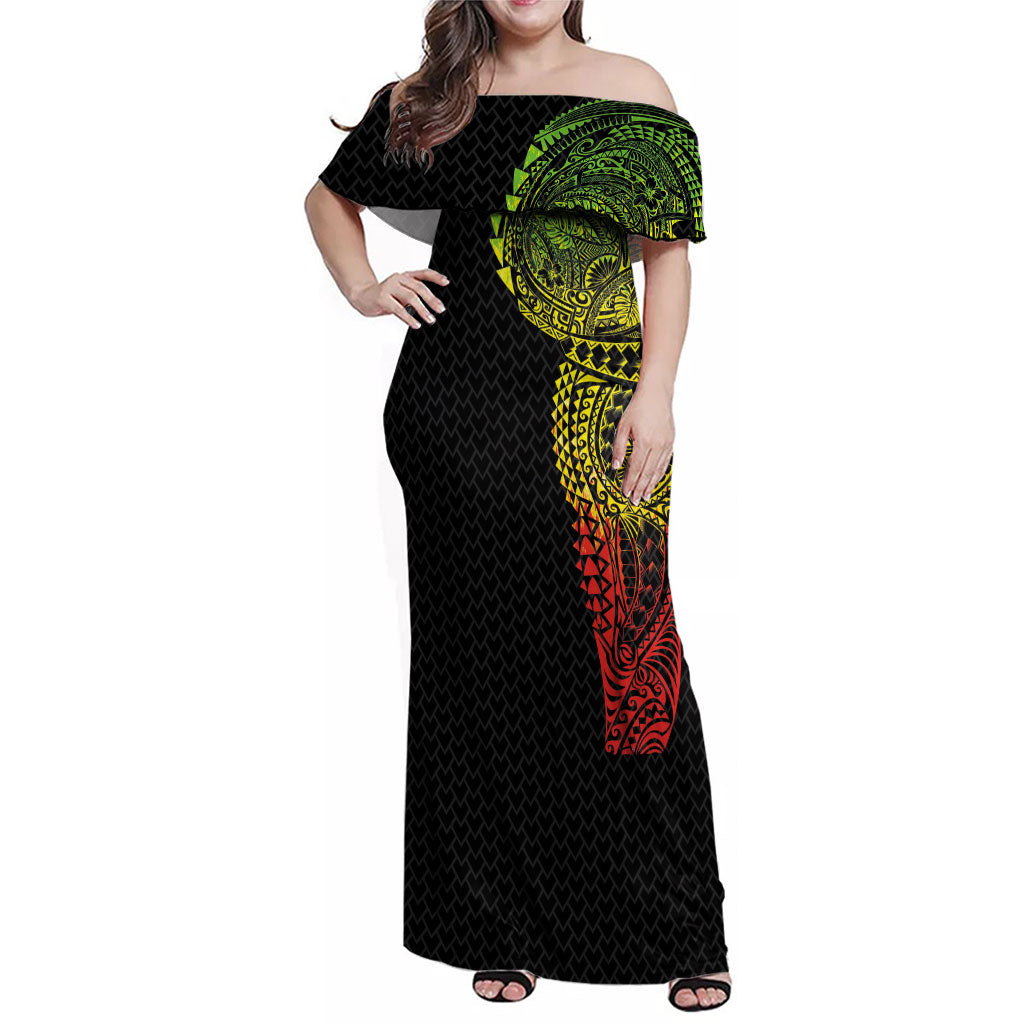 Hawaiian Traditional Tattoos Family Matching Off Shoulder Maxi Dress and Hawaiian Shirt Kakau Tribal Tropical Plant Motif Kanaka Maoli Flag Color Inspired