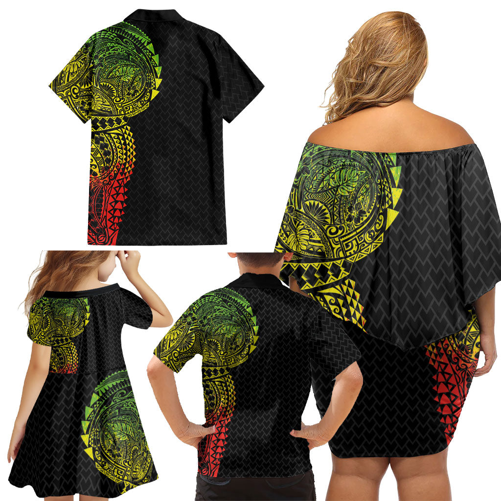 Hawaiian Traditional Tattoos Family Matching Off Shoulder Short Dress and Hawaiian Shirt Kakau Tribal Tropical Plant Motif Kanaka Maoli Flag Color Inspired