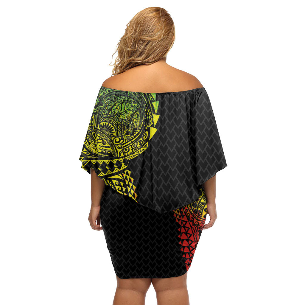 Hawaiian Traditional Tattoos Family Matching Off Shoulder Short Dress and Hawaiian Shirt Kakau Tribal Tropical Plant Motif Kanaka Maoli Flag Color Inspired