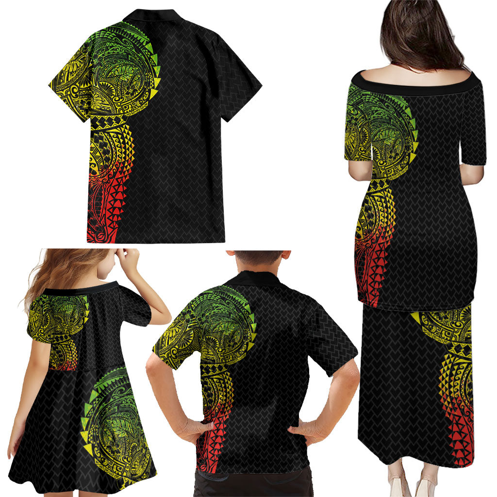 Hawaiian Traditional Tattoos Family Matching Puletasi and Hawaiian Shirt Kakau Tribal Tropical Plant Motif Kanaka Maoli Flag Color Inspired