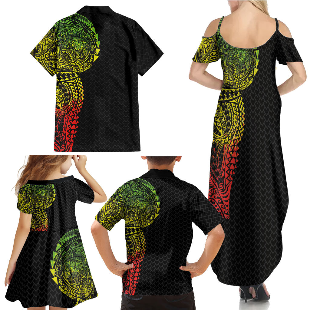 Hawaiian Traditional Tattoos Family Matching Summer Maxi Dress and Hawaiian Shirt Kakau Tribal Tropical Plant Motif Kanaka Maoli Flag Color Inspired