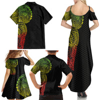 Hawaiian Traditional Tattoos Family Matching Summer Maxi Dress and Hawaiian Shirt Kakau Tribal Tropical Plant Motif Kanaka Maoli Flag Color Inspired