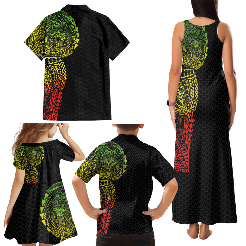 Hawaiian Traditional Tattoos Family Matching Tank Maxi Dress and Hawaiian Shirt Kakau Tribal Tropical Plant Motif Kanaka Maoli Flag Color Inspired