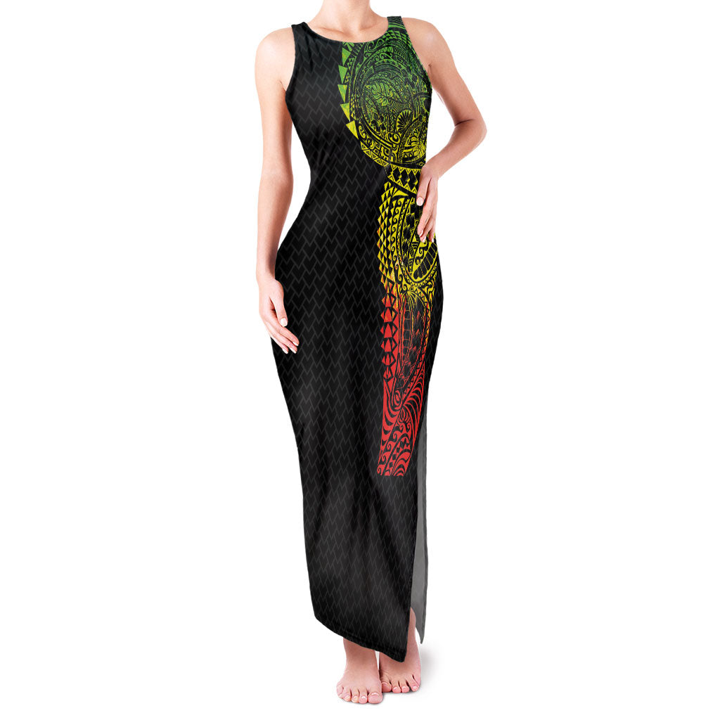 Hawaiian Traditional Tattoos Family Matching Tank Maxi Dress and Hawaiian Shirt Kakau Tribal Tropical Plant Motif Kanaka Maoli Flag Color Inspired